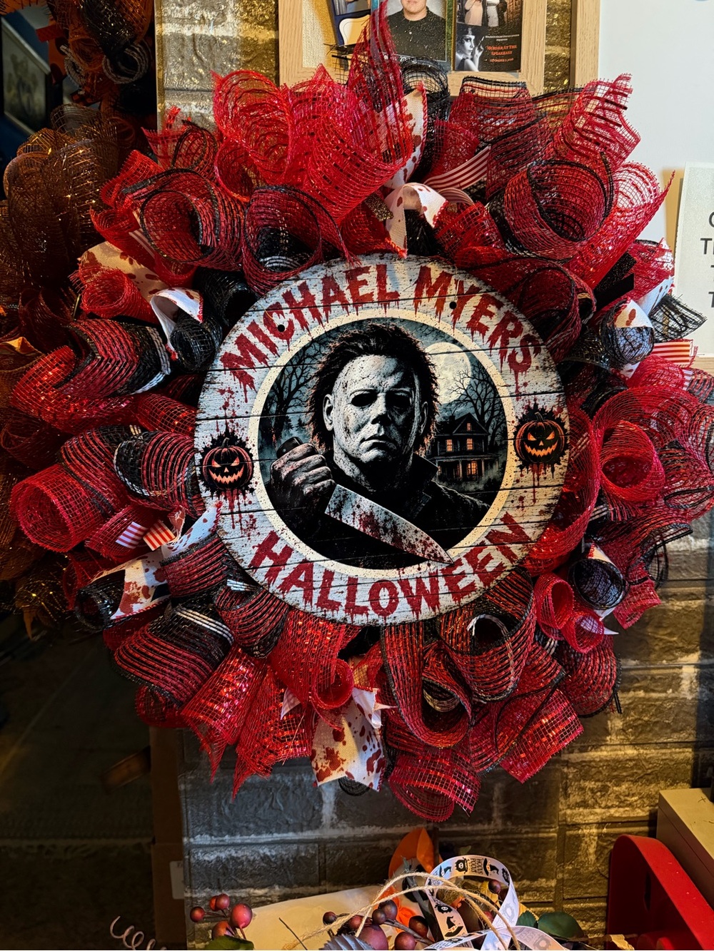 Hand Crafted Red and Black Halloween Horror Wreath